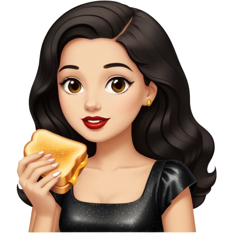 Beautiful woman in 1950’s woman fashion look, black shimmery dress, long dark brown hair, grilled cheese sandwiche emoji