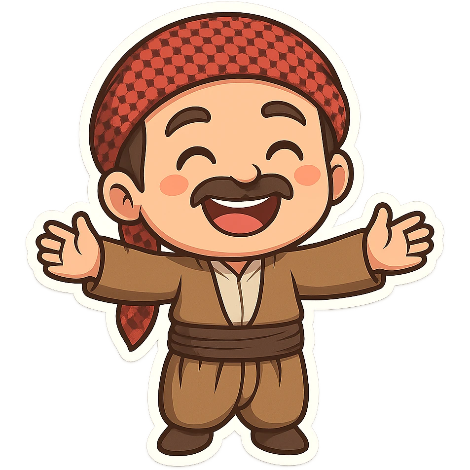 Kurdish sticker, happy mood, cartoon style, Kurdish man or woman in traditional dress jamadani, big smile, arms open or jumping, no text emoji