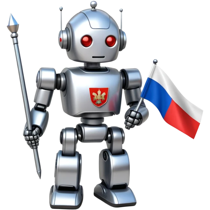 Futuristic Putin-like robot holding a small Russian flag emoji