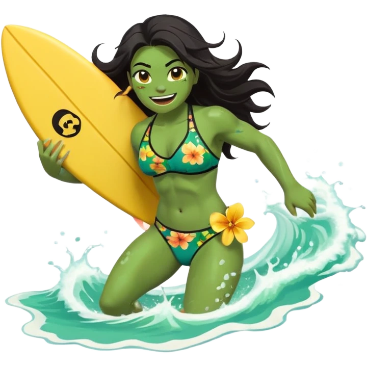 ork female holding small yellow bodyboard, running through shallow turquoise waves, muscular green body, bright floral bikini, fierce joyful grin showing tusks, long wet dark hair splashing, foam and spray, minimalist beach and ocean background, centered emoji, vibrant summer colors, sticker style emoji