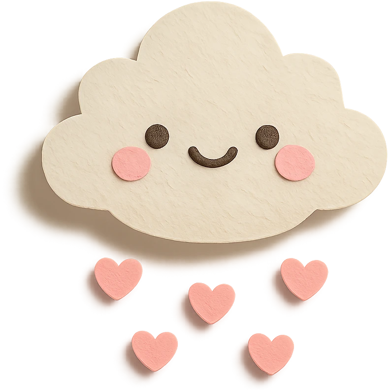 kawaii small fluffy cloud, raining tiny pink hearts, soft pastel colors, no limbs, full body, paper craft style emoji