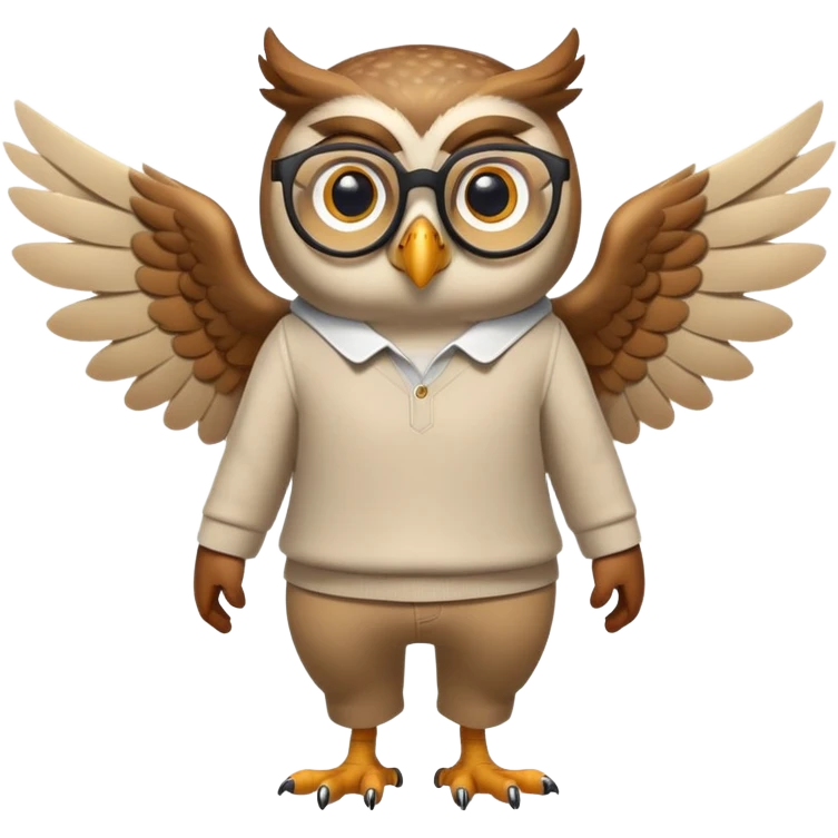 friendly anthropomorphised owl with wings instead of arms, in pants and a shirt, wearing glasses, walking upright, relaxed pose emoji