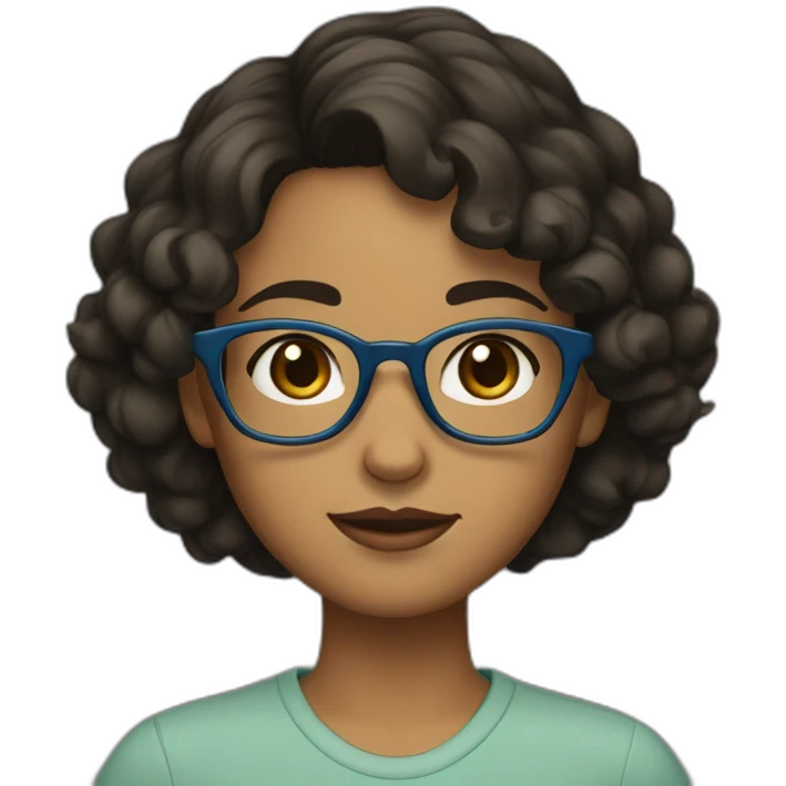 A girl with short, curly black hair, black eyes, brown skin, blue glasses, and an olive-coloured shirt over it.  emoji