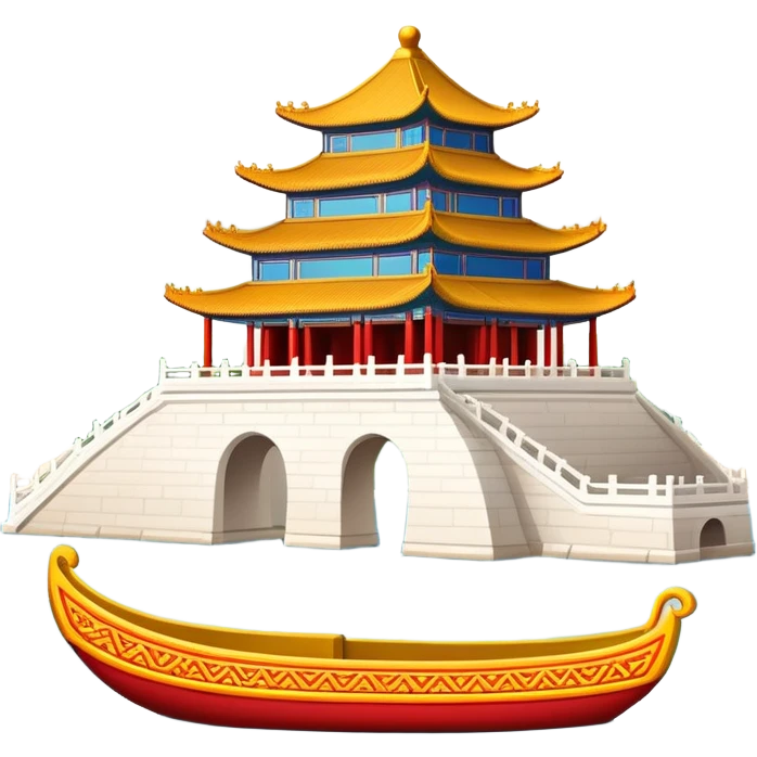 Summer Palace Beijing with marble boat, simplified emoji style with bold outlines and bright colors, cartoon style traditional Chinese palace on lake emoji