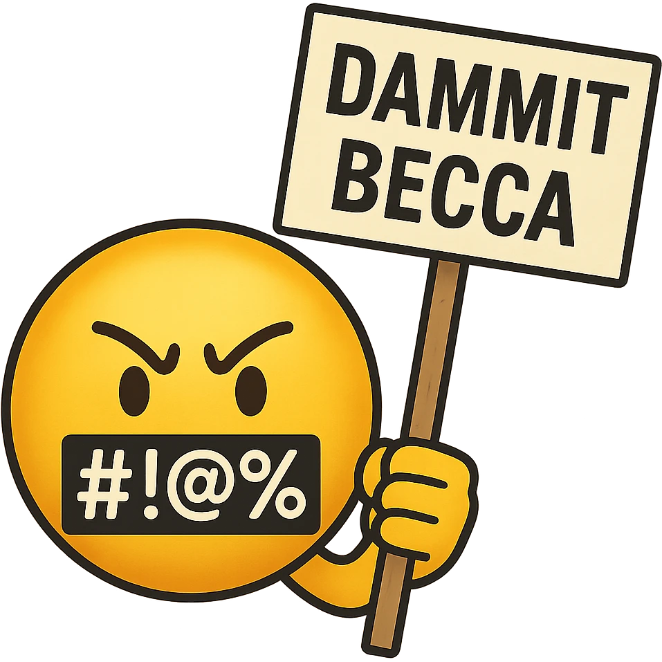 classic yellow emoji face with symbols over the mouth like #!@%, holding a protest sign that says 'Dammit Becca' emoji