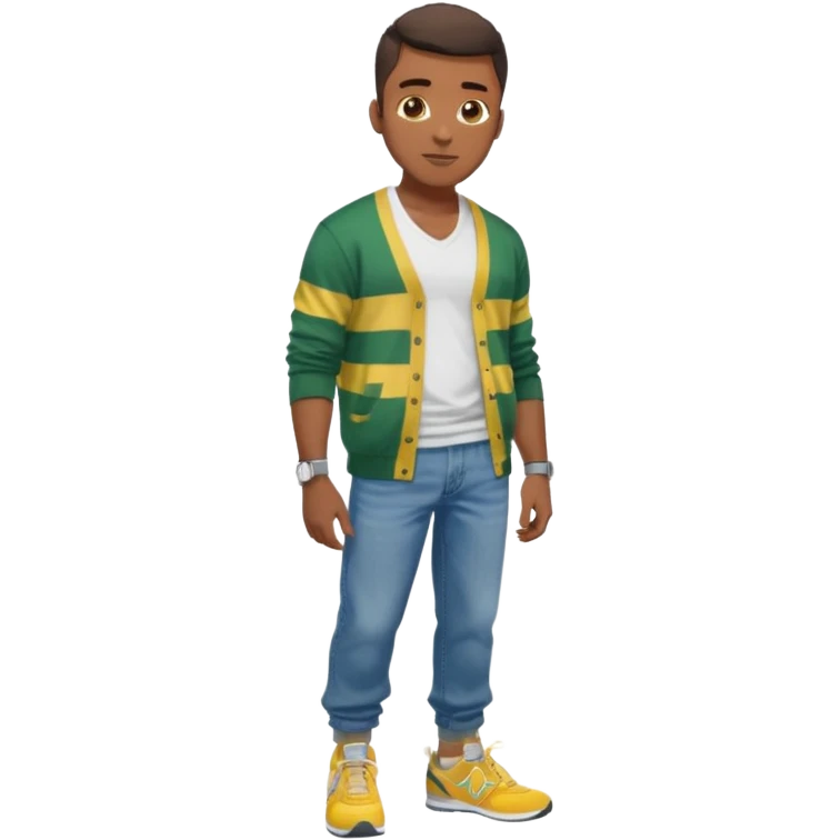 Handsome Black guy with brown skin tone, with lean muscular build, wearing baggy blue jeans, a white v-neck t-shirt, a yellow and green striped cardigan sweater, and grey new balance sneakers  emoji