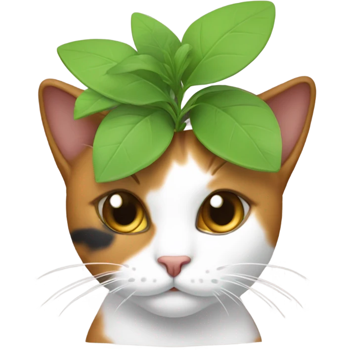 A calico cat with a plant atop its he emoji