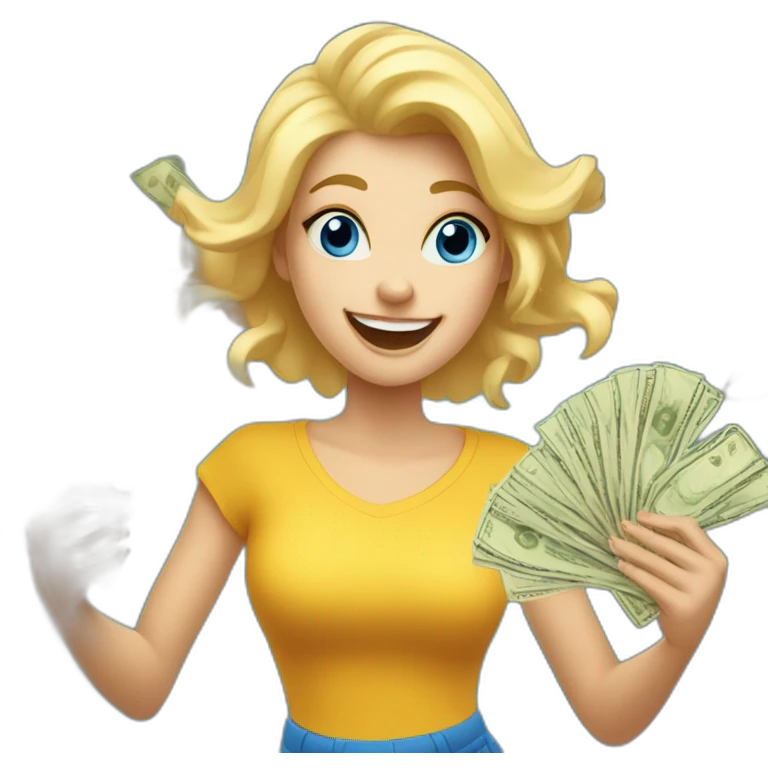 blonde girl with blue eyes rejoices and dances while holding money in her hands emoji
