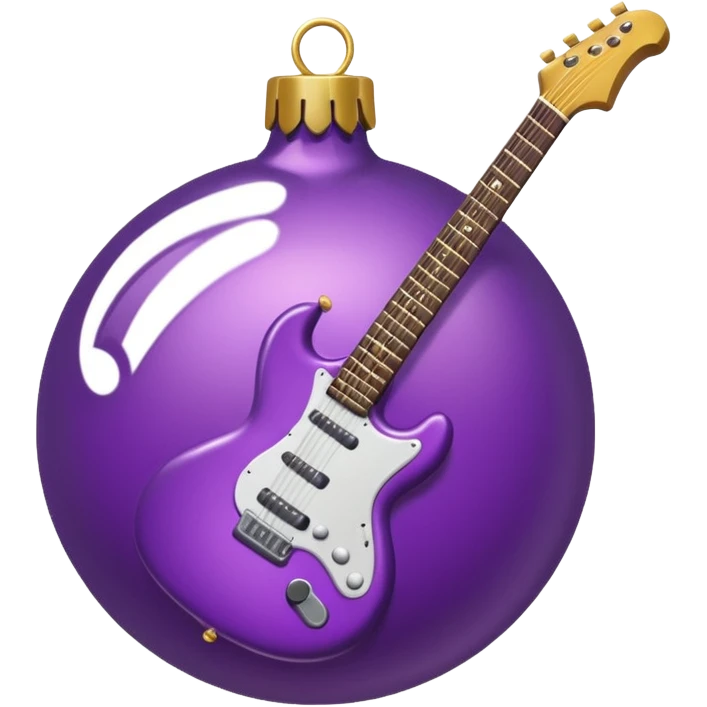 a purple Christmas ornament with a guitar emoji