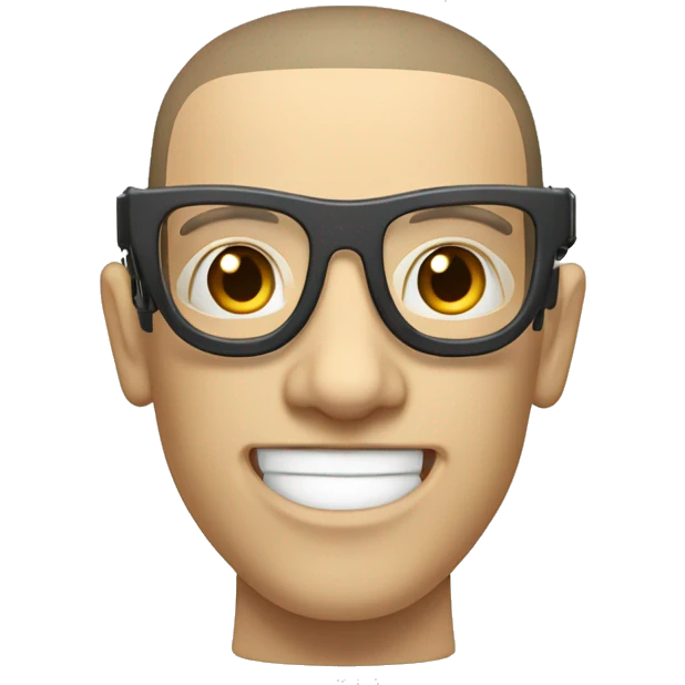 Cyborg head with fair skin, flat top haircut, rectangular glasses, circuits and smiling  emoji