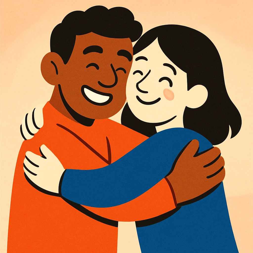 friendly illustration of a brown-skinned man and a white-skinned woman with black hair hugging, soft background emoji