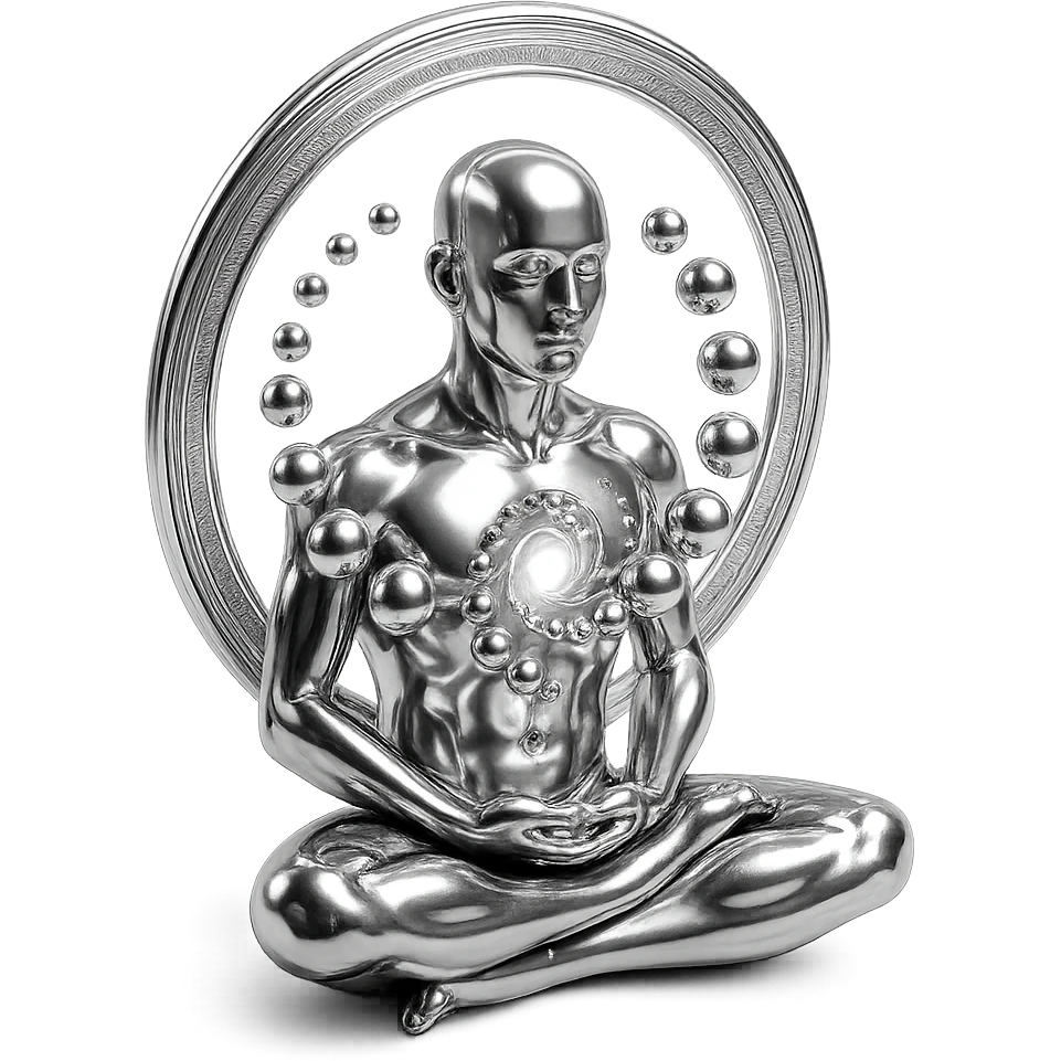 abstract chrome composition with meditating figure, open chest glowing with energy, surrounded by radiant spheres in a spiral and luminous aura, polished and harmonious emoji