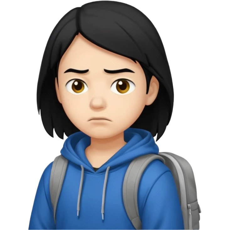 college student with annoyed face , black hair , with hoodie and backpack emoji