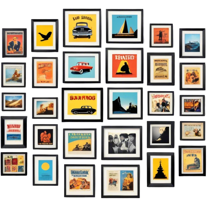 Icon for Photograph and Poster Collecting: a collection of photographs and movie posters, neatly displayed on a wall or in frames. The icon should evoke the nostalgia and artistic value of collecting rare images and posters. Transparent background. emoji