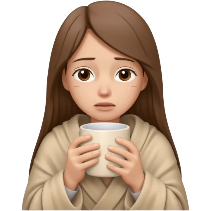 emoji-style illustration of a sad crying woman with long straight brown hair, wrapped in a cozy beige blanket, holding a mug cup, minimalistic look, front-facing, soft 3D cartoon rendering, plain background emoji