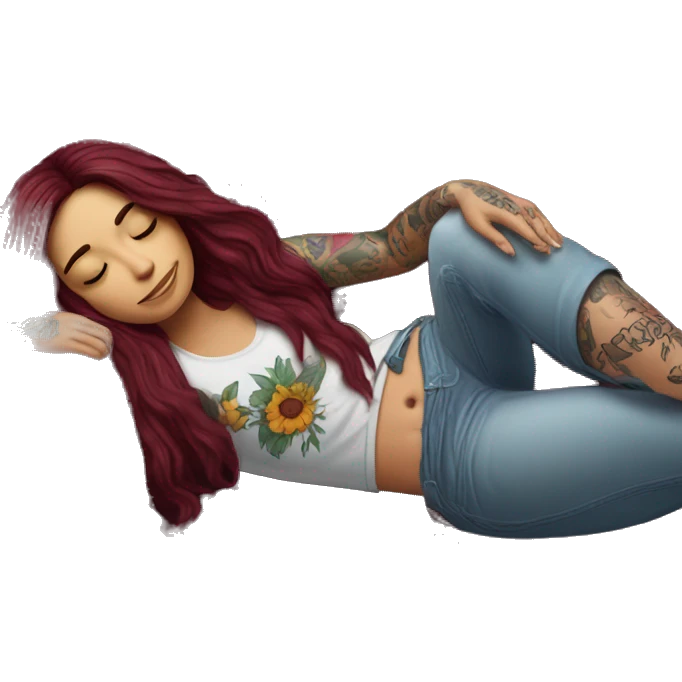 Beautiful tattooed burgundy long haired woman napping on sofa emoji