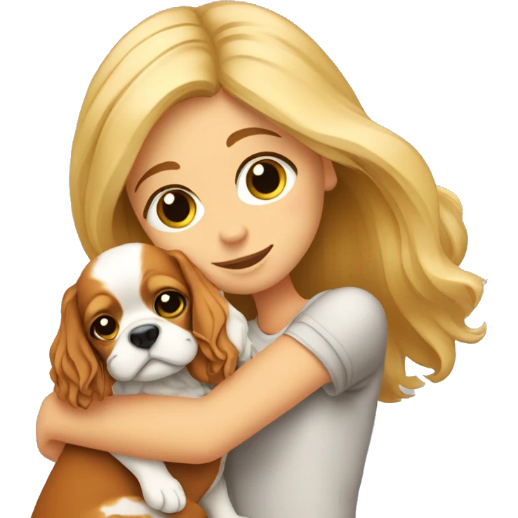 a blonde girl holding and hugging a cavalier king charles spaniel  emoji