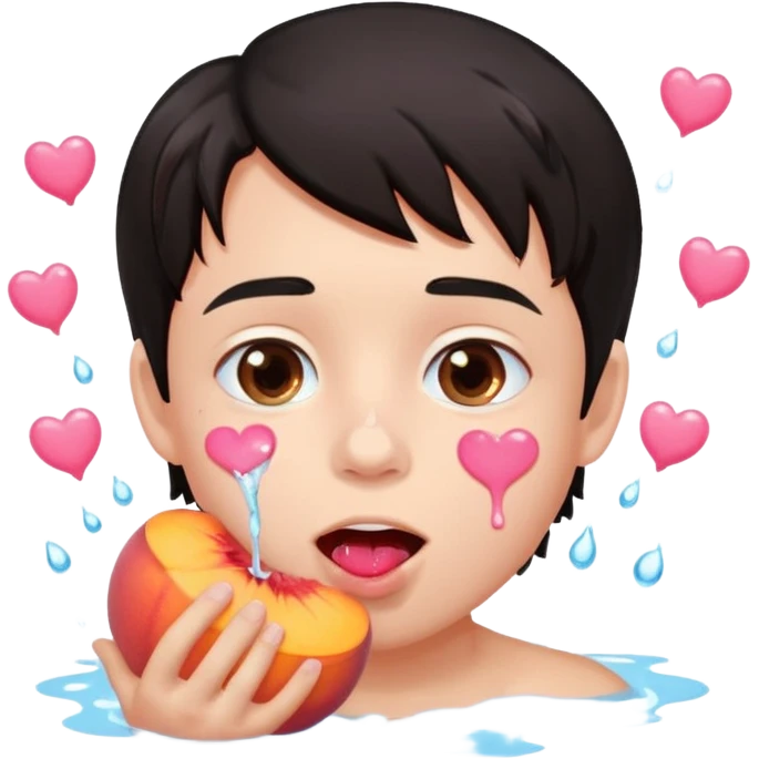 Cute boy, light pink eyes, grown out dark hair, eating a peach, pink hearts floating , water dripping from mouth emoji