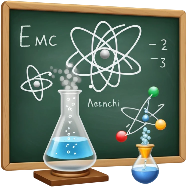 An icon featuring an atom model, a beaker with swirling particles, and a chalkboard with E=mc², symbolizing physics. The design includes a magnet, a pendulum, and a prism splitting light, representing the study of matter, energy, and natural laws. Transparent background emoji
