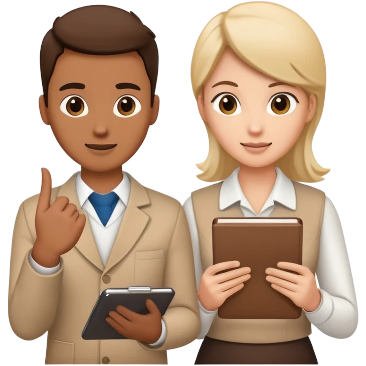 Two team members facing each other, one holding a notepad and the other gesturing, in a collaborative pose emoji