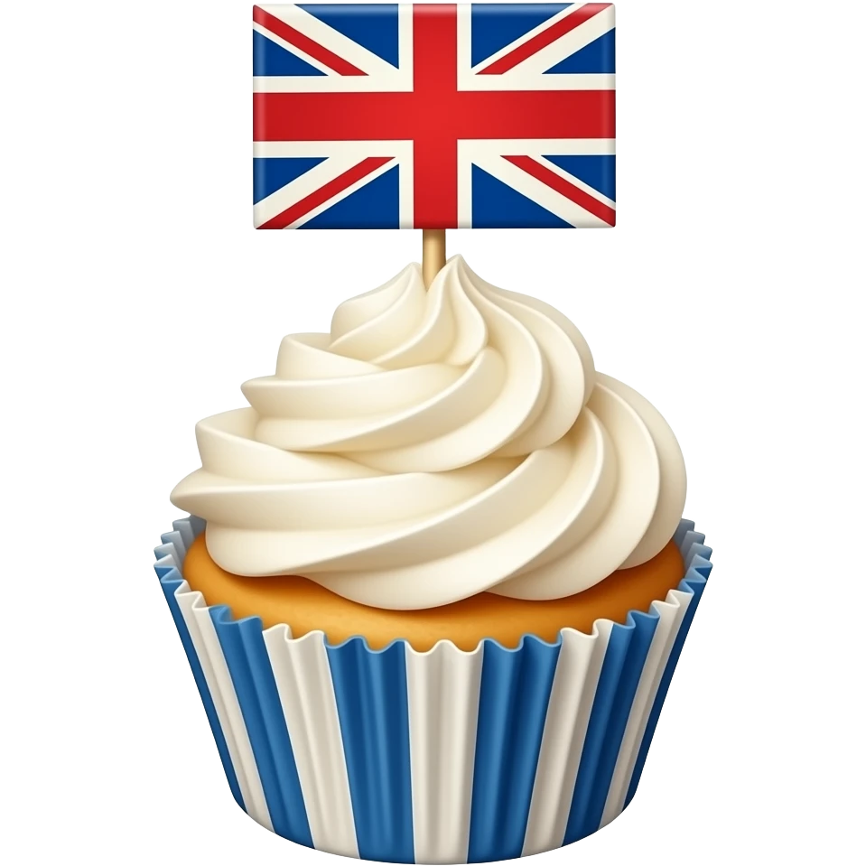 Elegant cupcake with small Union Jack topper, isolated, centered, no background, no table, no scenery, no text, soft cream frosting, refined red white and blue accents emoji