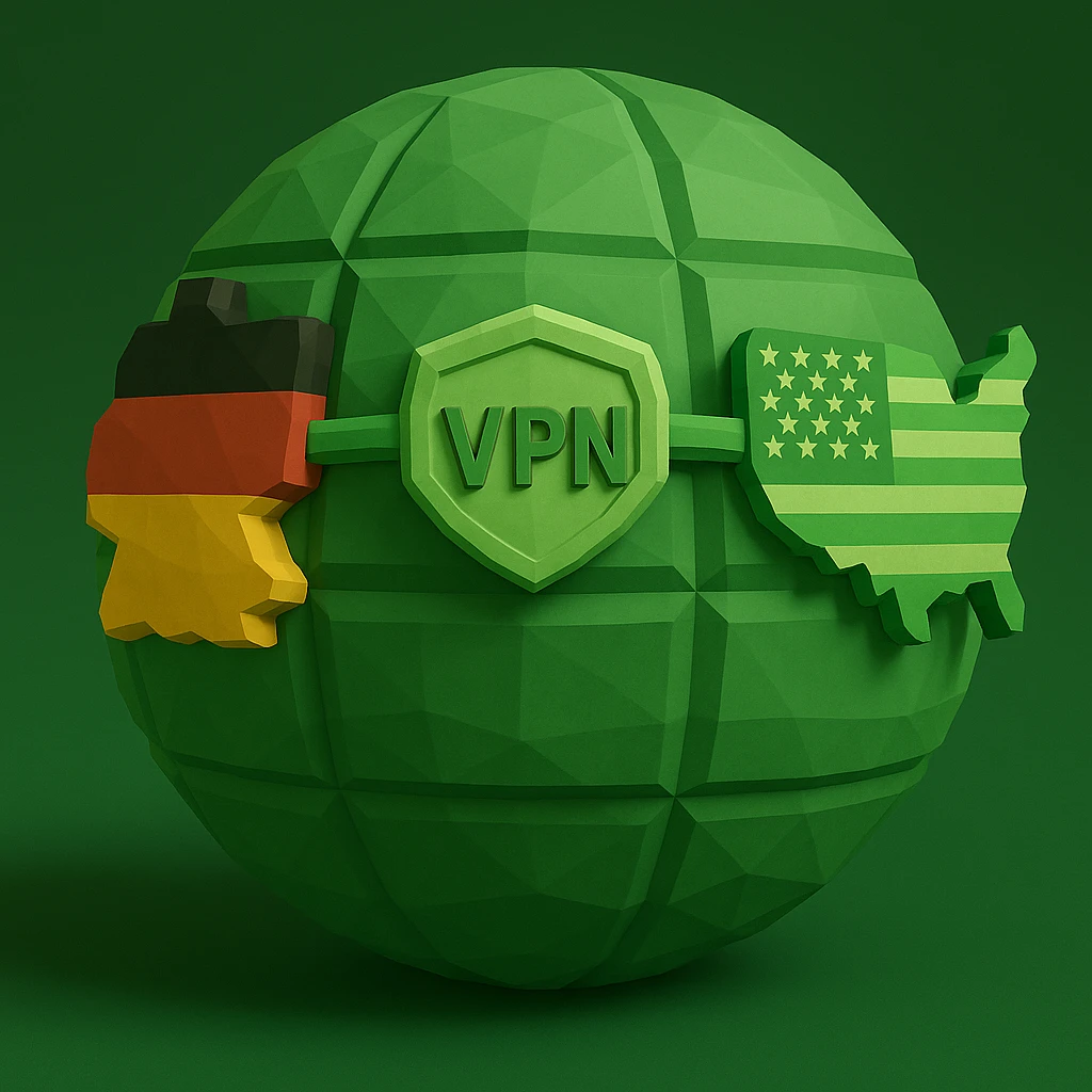 Edit the playful 3D globe with VPN and a connection between Germany and USA to have a green color scheme with realistic shading and depth, maintaining the playful and 3D low poly style. emoji