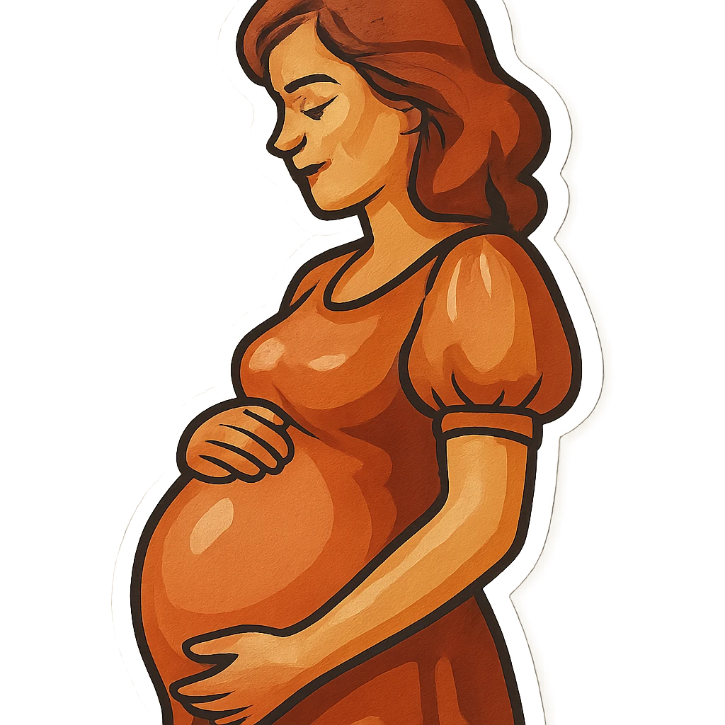 pregnant woman half-length portrait, standing sideways, holding belly, face and head fully in frame, retro stickers style, soft rounded shapes, expressive contours, vintage color palette, light paper texture, shadows and highlights, transparent background, dress with puff sleeves emoji