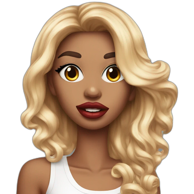 Influencer model with huge fake lips taking a selfie emoji