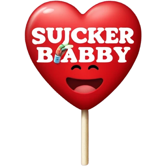 Red heart lollipop that says ‘wanna be my sucker baby?’ In black  emoji