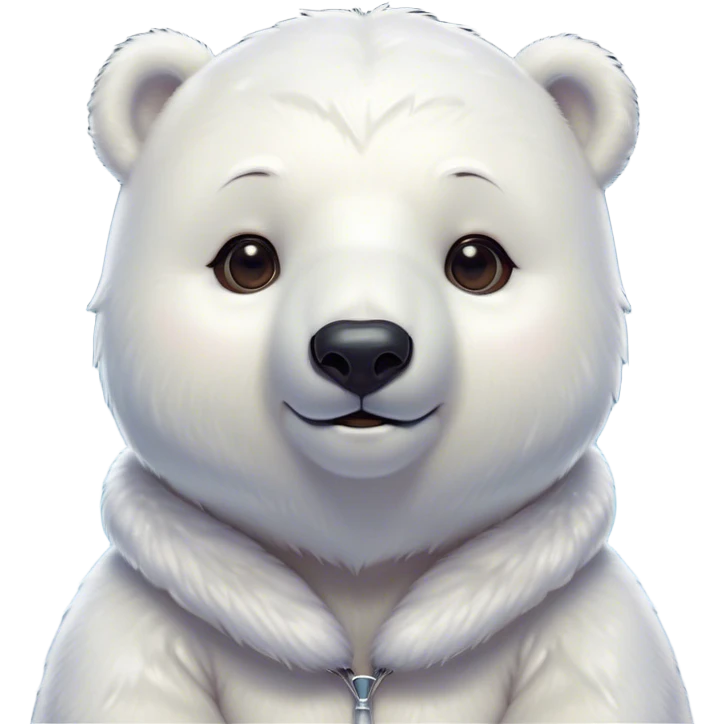 Cinematic Cute Polar Bear Portrait Emoji, Head tilted playfully and inquisitively, with a glossy, plush coat accented by a gentle, blushing muzzle and round, sparkling eyes, Simplified yet irresistibly adorable features, highly detailed, glowing with a warm, friendly polar glow, high shine, affectionate and lively, stylized with a touch of endearing charm, soft glowing outline, capturing the essence of a mischievous yet loving polar cub that feels like it could tumble out of the screen into your arms! emoji