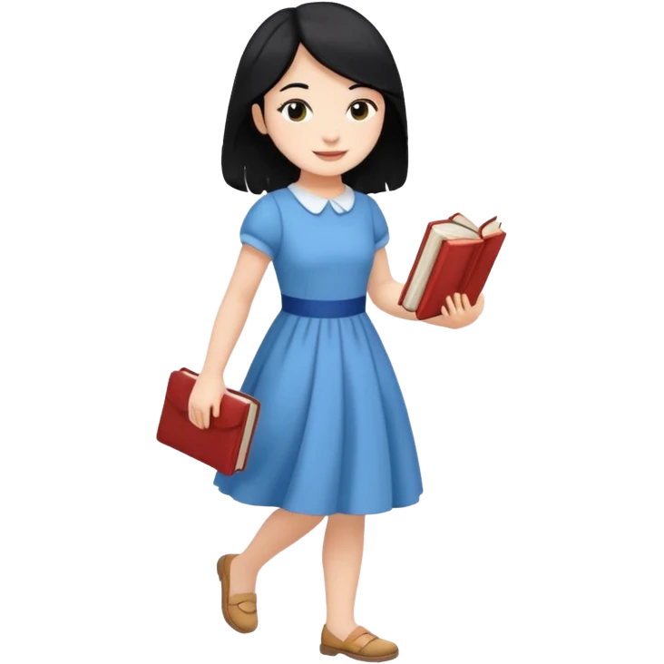 girl with black hair walking with book in、 emoji