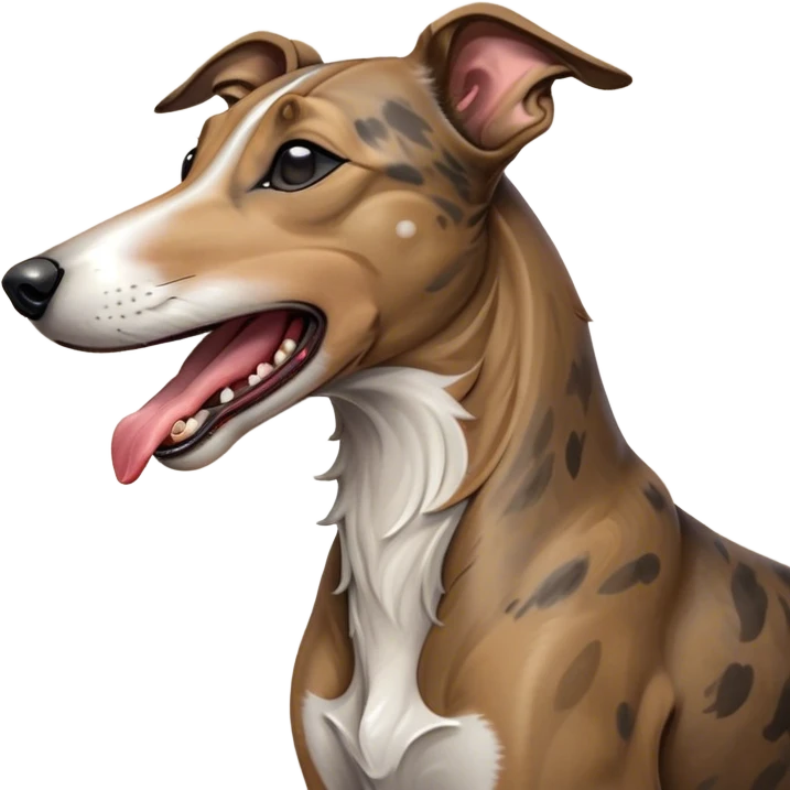 Cinematic Cute Yawning Brindle Greyhound Portrait Emoji, Head tilted slightly with a dramatic, wide-open yawn, showcasing a smooth brindle Fur with a refined pattern, floppy ears slightly drooping, round eyes barely open in drowsy contentment, Simplified yet irresistibly adorable features, highly detailed, glowing with a soft, cozy glow, high shine, relaxed yet expressive, stylized with a touch of whimsy, bright and endearing, soft glowing outline, capturing the essence of a sleepy yet affectionate racer, so drowsy it feels like it could stretch out of the screen and curl up for a nap! emoji