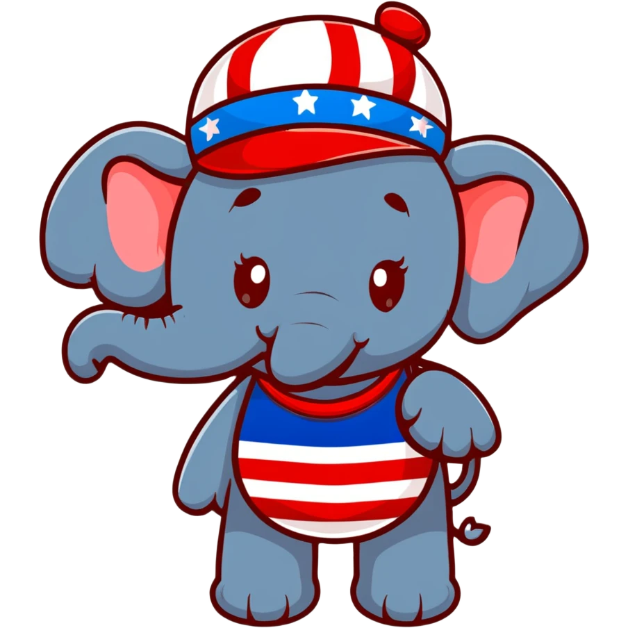 cute red elephant, simple flat design, round shape, patriotic top hat, cartoon sticker style emoji