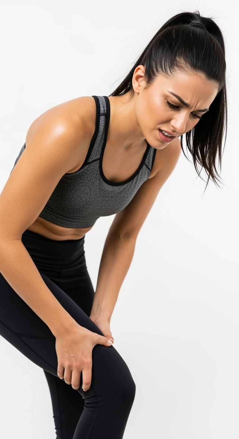 donna fitness che si tocca la gamba dolorante con espressione di dolore in volto, sente le gambe pesanti, iperrealistica 4k, sfondo bianco emoji