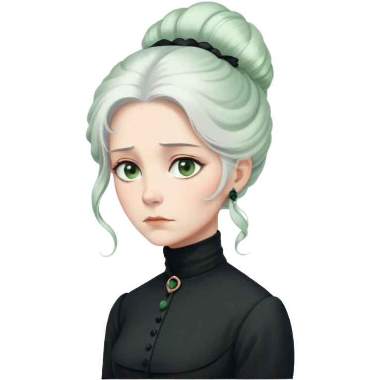 A Victorian woman with elegant coiffed white hair and pale green eyes wearing a modest black turtleneck mourning dress looking down with a forlorn expression emoji