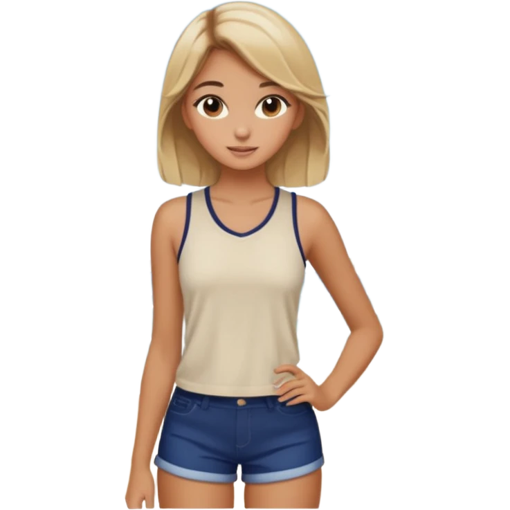 preppy teen girl, tan, blonde highlights, brown hair, long eyelashes, beach aesthetic, wearing cute clothes, sexy emoji