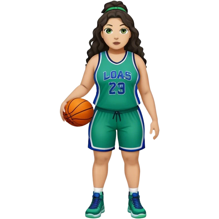 Full Body light skin Latino plus size full figured women basketball player with long wavy dark hair  wearing blue and green uniform emoji