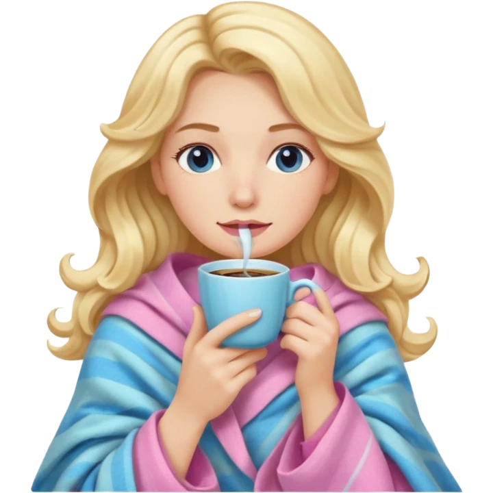 Long wavy blonde hair lady drinking coffe inside a blue and pink pastel blanket  emoji