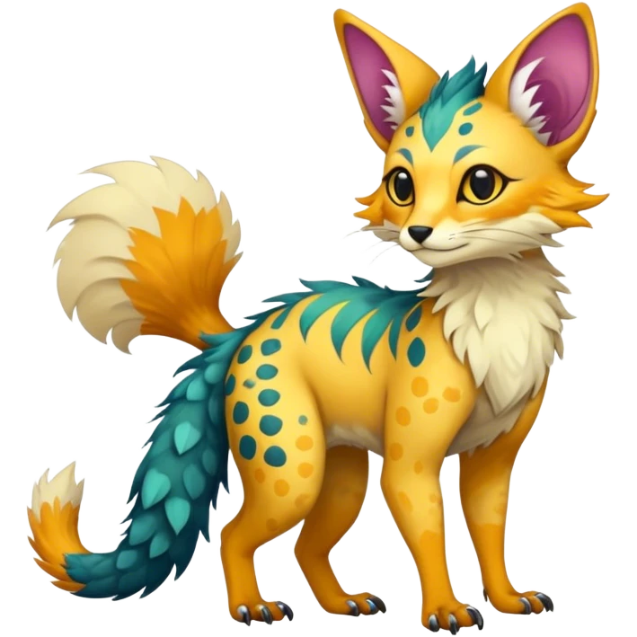 Feral Rare Fantasy vibrant colorful Vernid-Trico-species by LiLaiRa, random markings, tufted tail, tufted ears, full body emoji