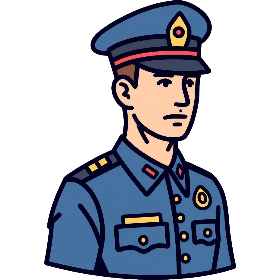 Russian police officer wearing blue uniform and traditional police cap with badge emoji