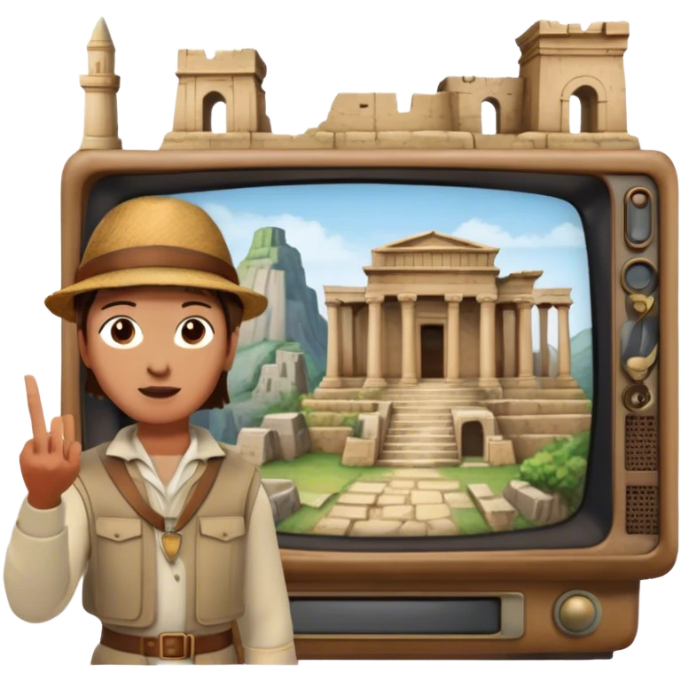 Icon for Documentary Film (TV style): A traveler pointing backward and narrating in front of ancient ruins, with a vintage TV screen framing the scene. Include elements like historical landmarks, maps, and exploration tools to evoke a sense of adventure. Transparent background. emoji