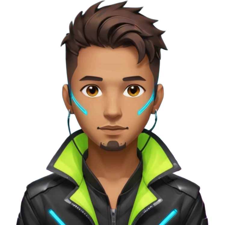 Cyberpunk street adult, hispanic, male, messy undercut, glowing earpiece, light stubble, brown eyes, neon reflections, headshot emoji