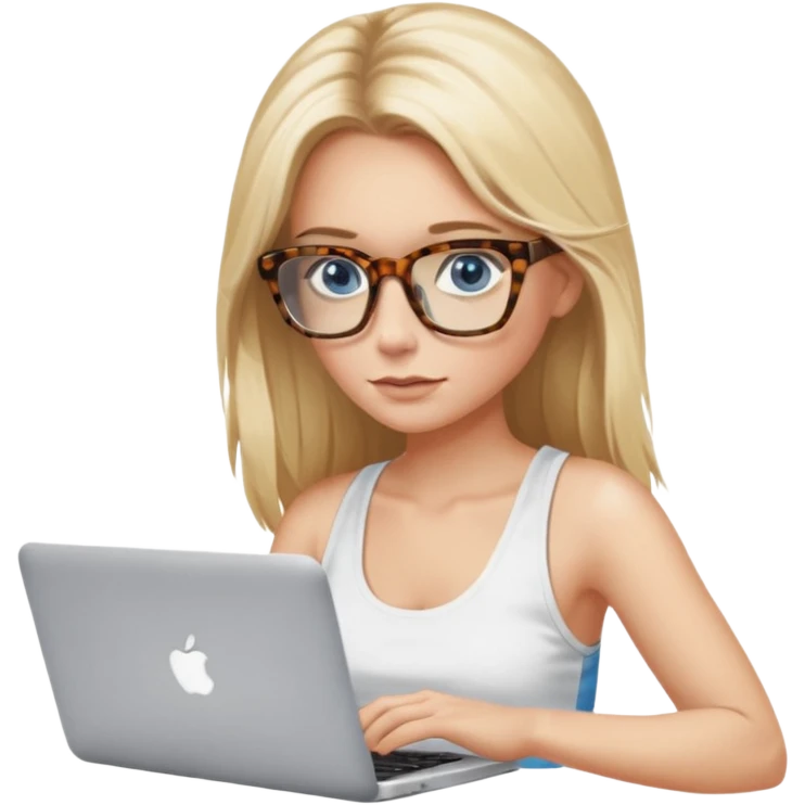 long blonde hair woman blue eyes with tortoise shell print glasses wearing white tank top on mac book  emoji