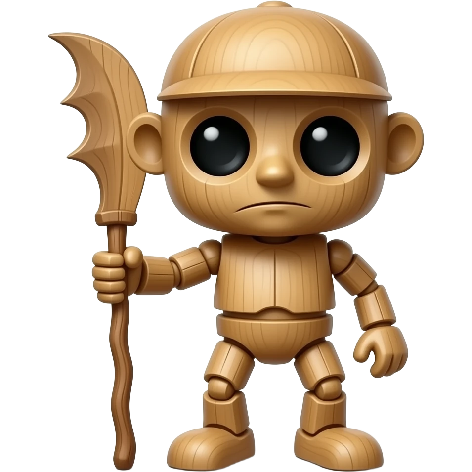He’s a wooden night-watch figure with big round eyes and a simple carved body, always holding a bat/stick that he uses to knock and create rhythm. His presence is unmistakable: you hear him before you see him. emoji