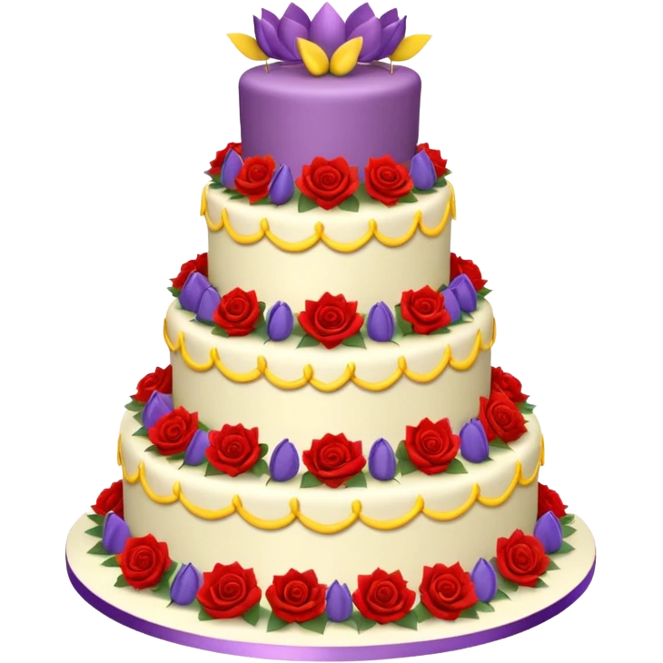A large three teir cake with first mayer decorated with roses, second with Sunflowers and third with Tulips and Happy Birthday Dear written on top. emoji