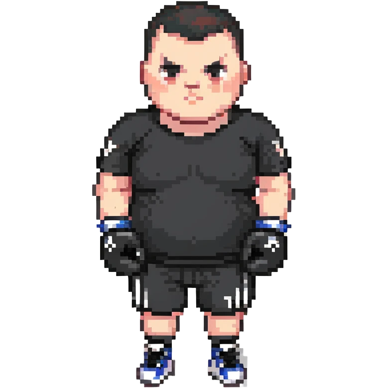 white man with dark hair, dark eyes, buzzcut faded haircut, overweight 100kg boxer, chubby face, stocky build, wearing full black clothes, black adidas boxing gloves, highly pixelated, chunky pixel style, low resolution emoji