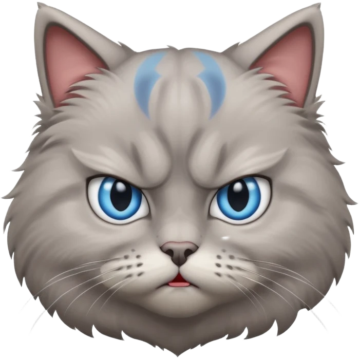 angry grey cat blue small slanted eyes. iphone real emoji style, made the cat look challenging emoji