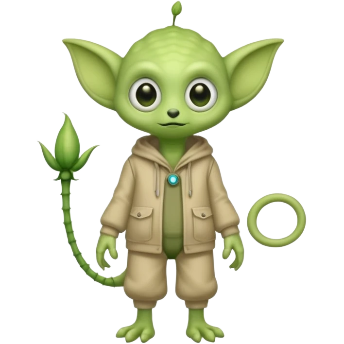 full body cute roughly humanoid peacefull alien furry with 2 legs and eye stalks stands upright and looks intelligent ...wears clothing. not green..looks happy and cudly... has 3 eyes...the alien has 3 eyes....it has an extra eye on a stalk emoji