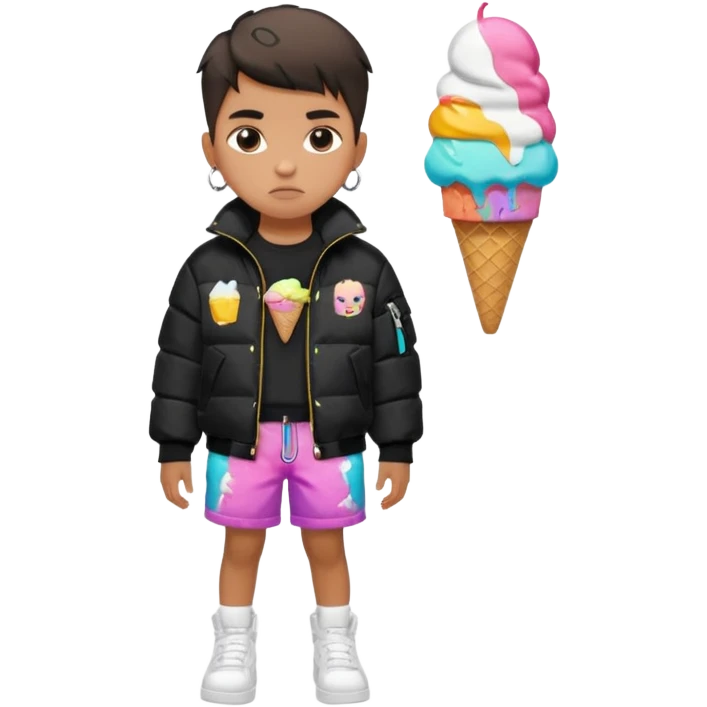 A young boy that Wears a black puffer jacket, colorful Ice Cream shorts with cartoon prints, white Air Forces, a crossbody bag, and a chain. Has a fade or durag, serious face, and London street vibes emoji