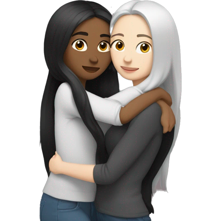 A lesbian couple with white skin and long black hair hugging intimately, not looking at the camera. emoji